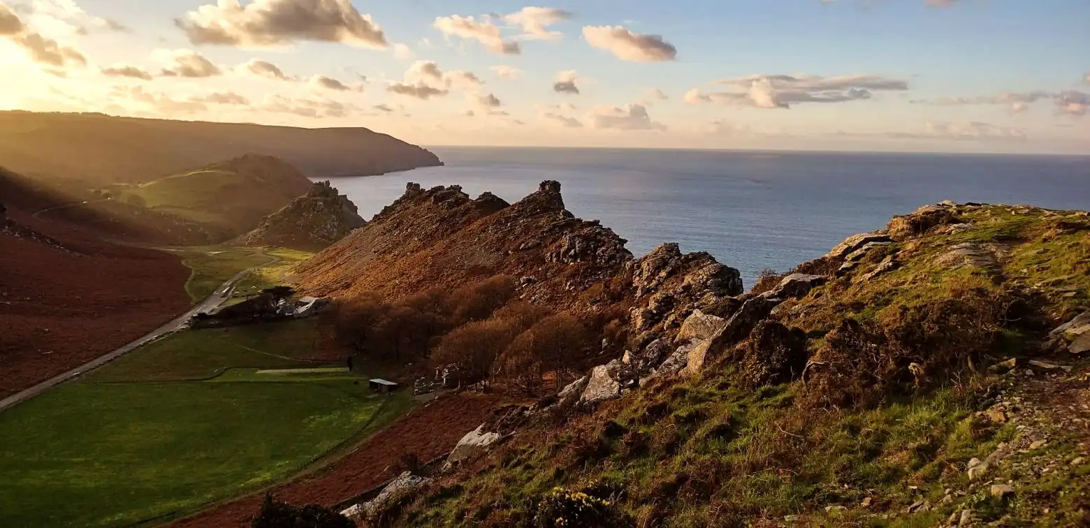 View of Valley of Rocks in Lynton at sunset