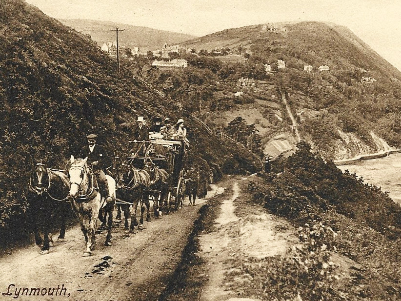 Stagecoach climbing Countisbury, looking back to Lynton and Lynmouth