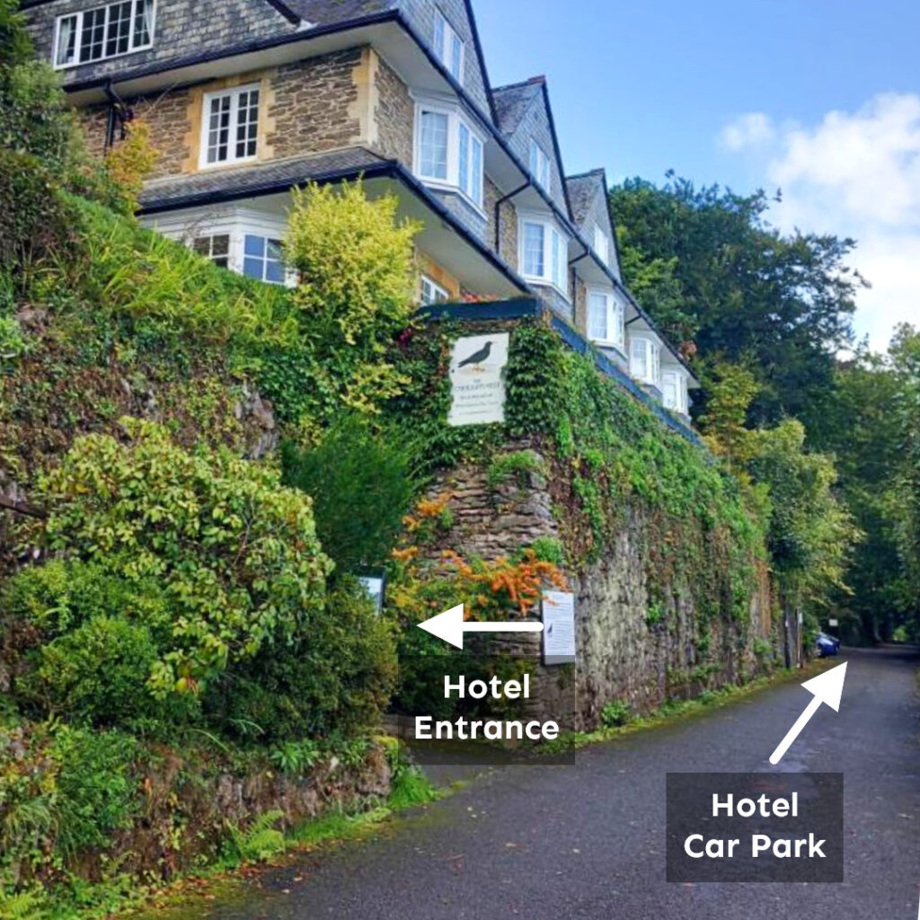 Street level view showing direction to hotel car park and entrance of Chough's Nest Hotel