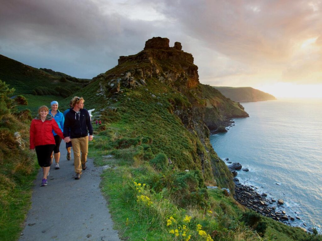 Walkers on the South West Coast Path near Lynton overlooking the Bristol Channel