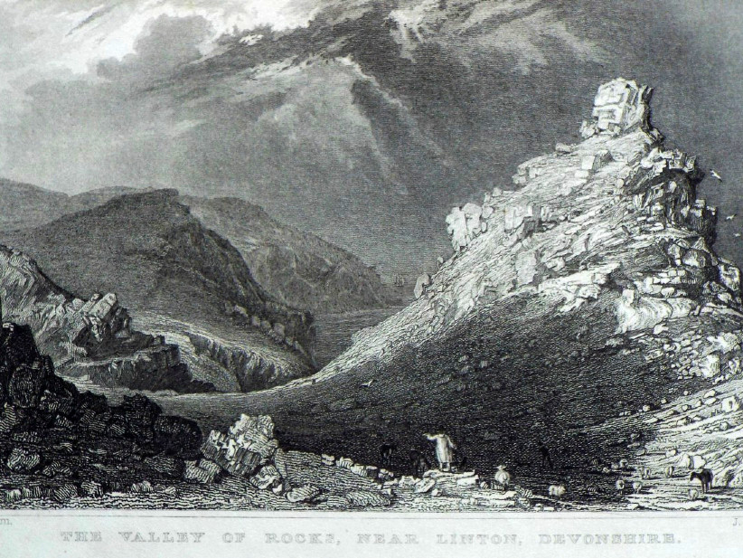 Lithograph of the Valley of Rocks near Lynton with dramatic cliffs and wild goats in Exmoor National Park