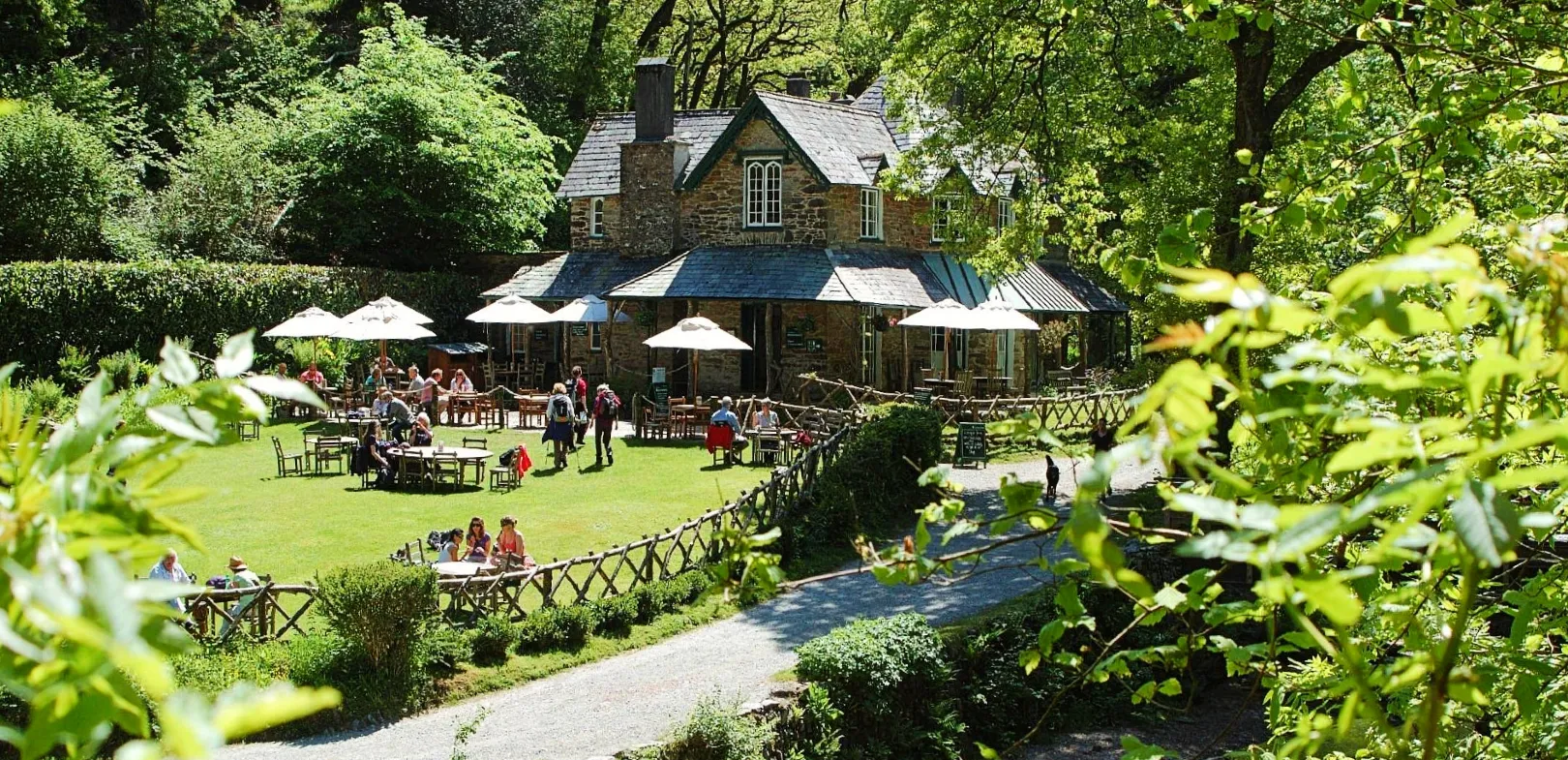 Watersmeet Tea Garden, Lynmouth Devon. Café with tables, umbrellas, and people seated on a lawn surrounded by trees